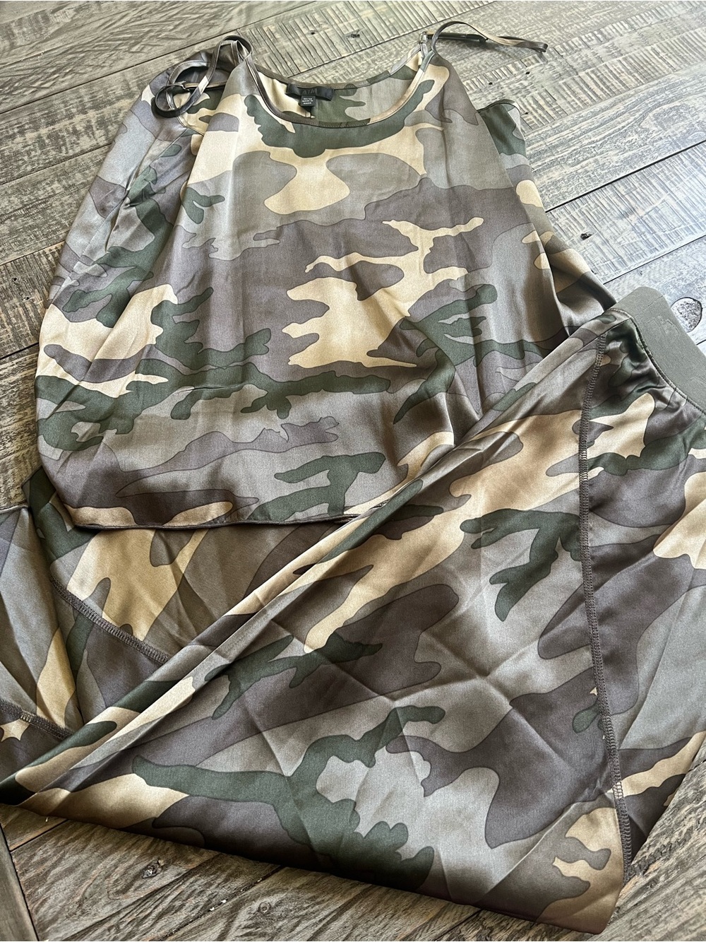 ATM JUNGLE CAMO COLLECTION Camo Satin Slip SKIRT M and TANK M Set - Olive Green